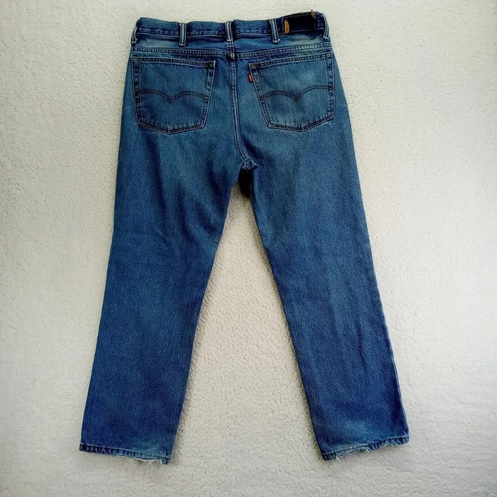 Levis 505 Jeans Mens 38x30 Straight‎ Cotton Denim Medium Wash Worn Cuffs Stains